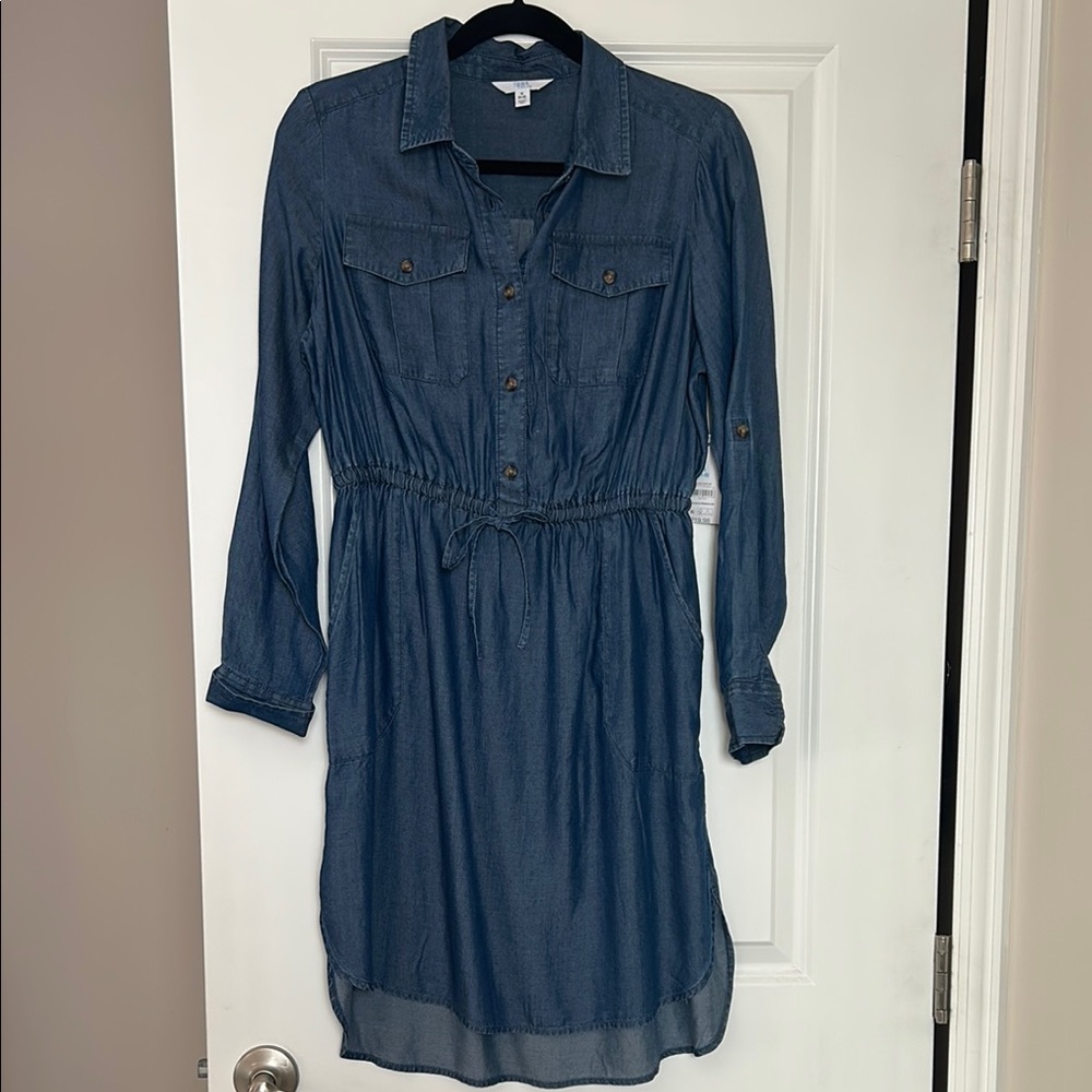 Blue Long Sleeve Polo Collar Shirt Dress